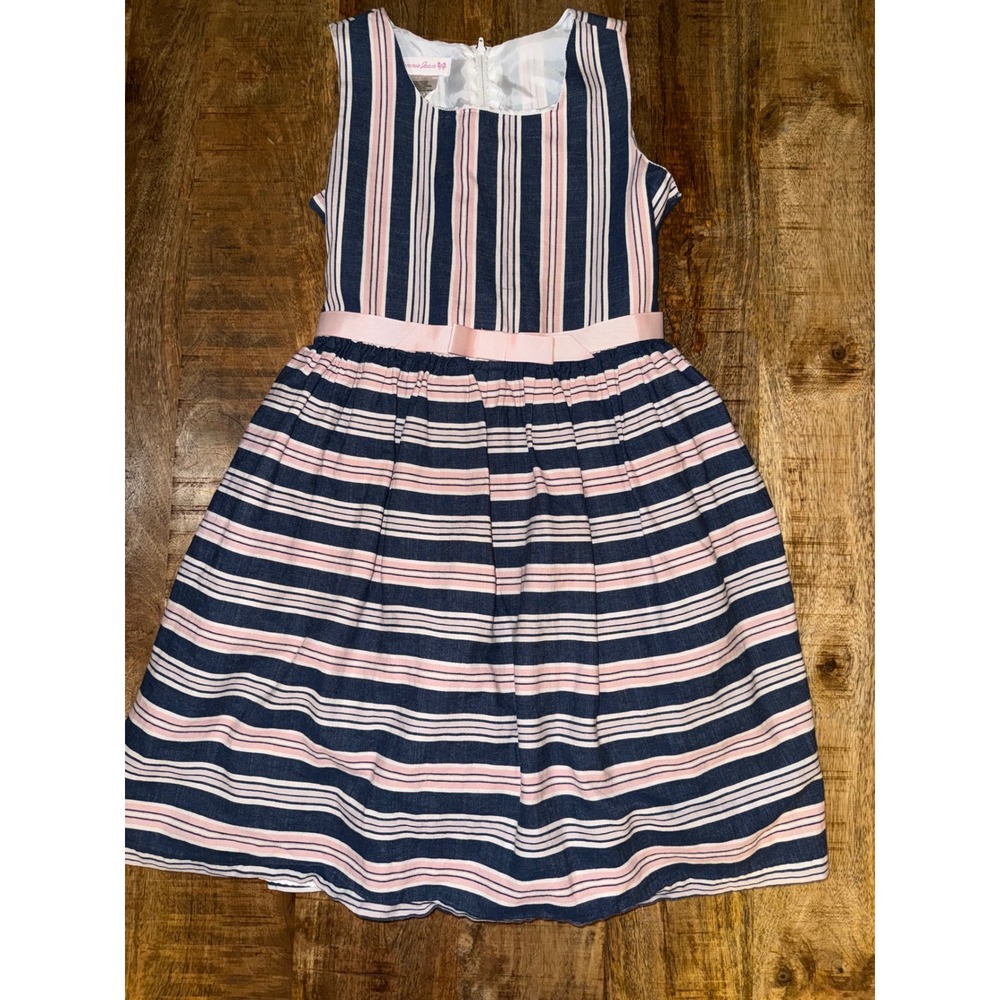 Bonnie Jean Girls Size 12 Navy Pink Striped Sleeveless Bow Party Dress